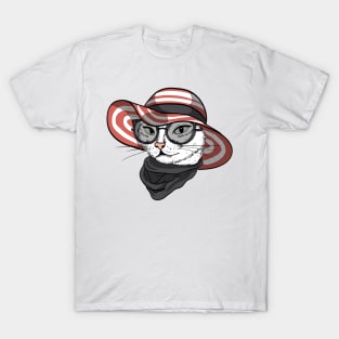 Elegant Cat Woman face with wide brimmed hat, sunglasses and scarf T-Shirt